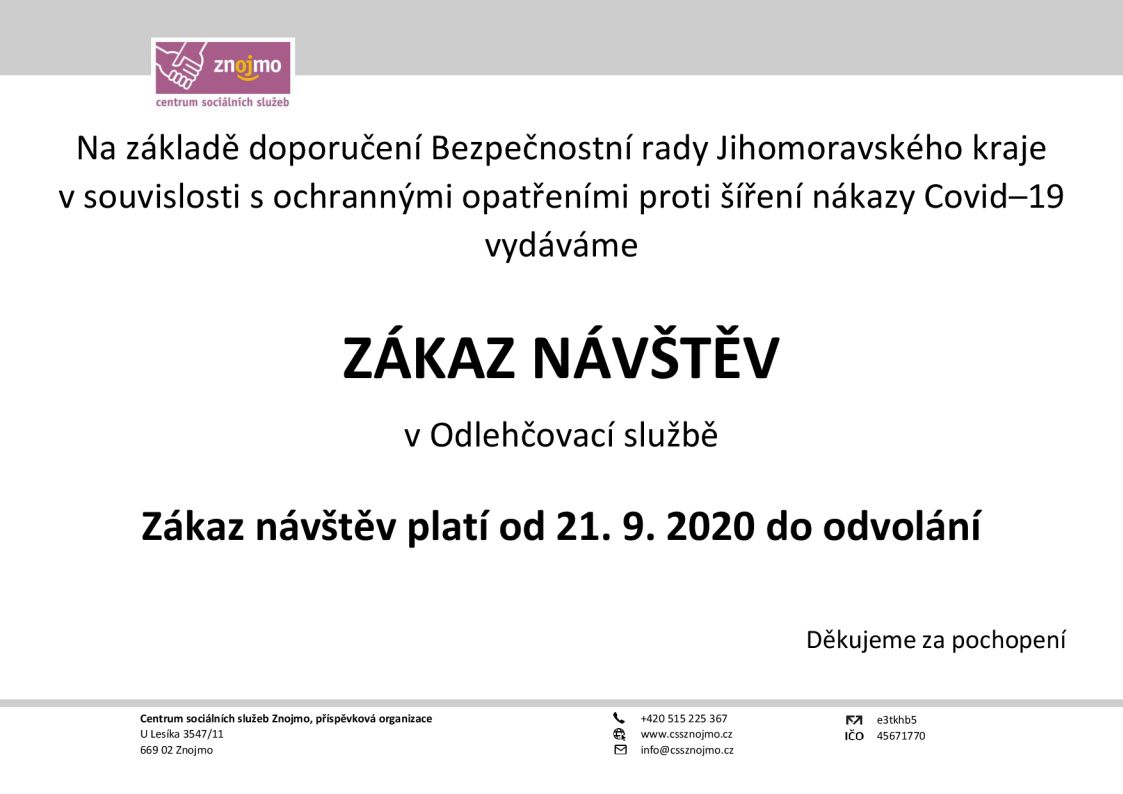 Zákaz návštěv v Odlehčovací službě od 21.09.2020 do odvolání