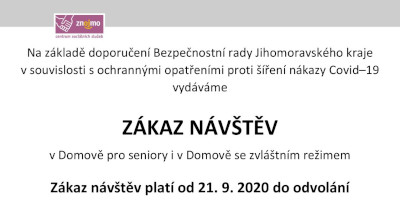 Zákaz návštěv v Domově pro seniory i v Domově se zvláštním režimem od 21.09.2020 do odvolání