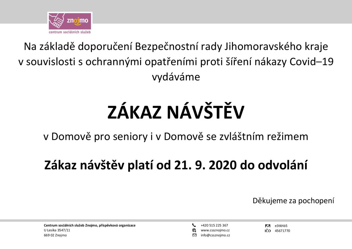 Zákaz návštěv v Domově pro seniory i v Domově se zvláštním režimem od 21.09.2020 do odvolání