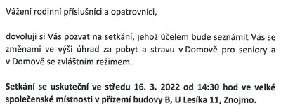 Změna výše úhrad v Domově pro seniory a Domově se zvláštním režimem