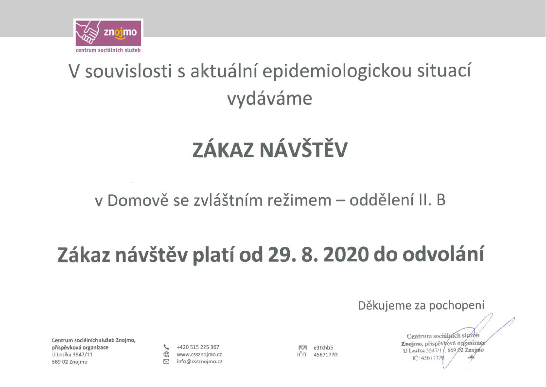 Zákaz návštěv v Domově se zvláštním režimem - oddělení II. B od 29.08.2020 do odvolání