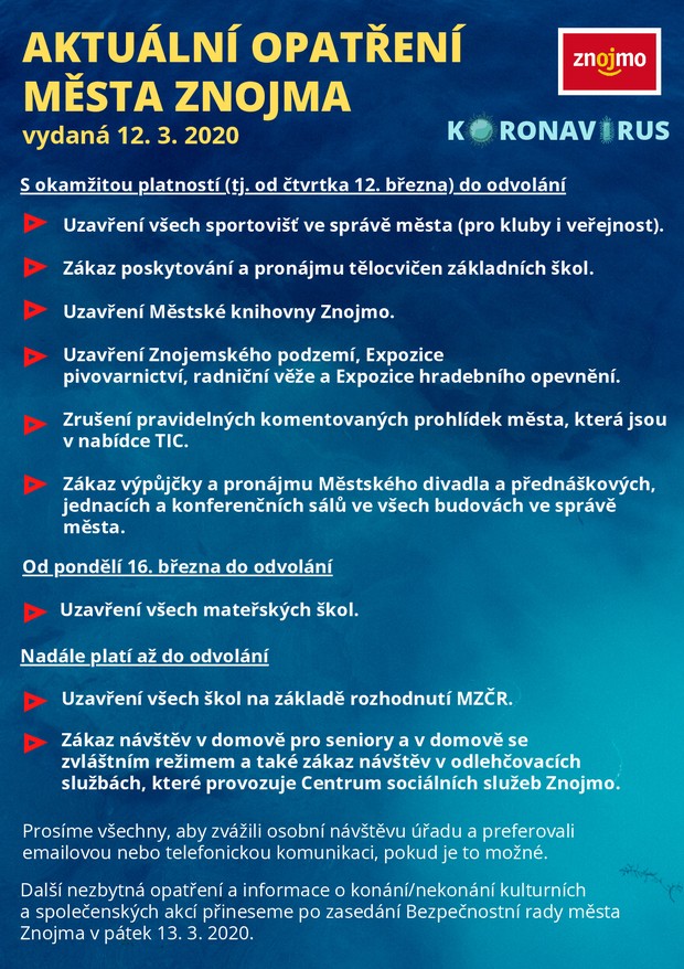 Aktuální opatření města Znojma 12.3.2020